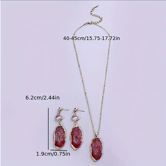 Boho Gold Plated Emerald Resin Necklace Earrings Matching Set - Picture 3 of 3